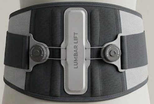 LumbarLift Dynamic Back Brace with central support plate and dual tension dials