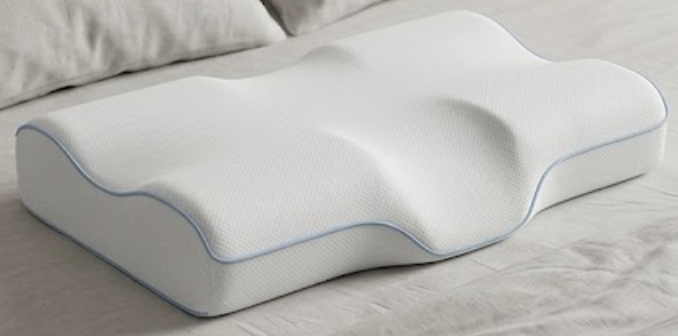 SleepAlign orthopedic contour pillow with cervical support and light blue piping